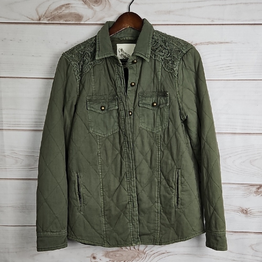 Anthropologie White Crow Olive Quilted Jacket with Lace Accents - Size Large